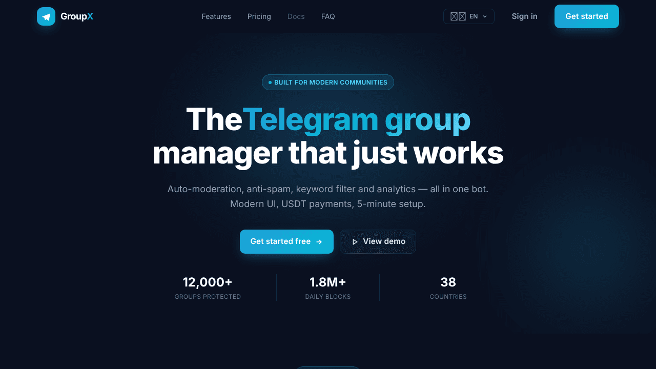 GroupX — 专业的 Telegram 群管理 Bot SaaS website screenshot