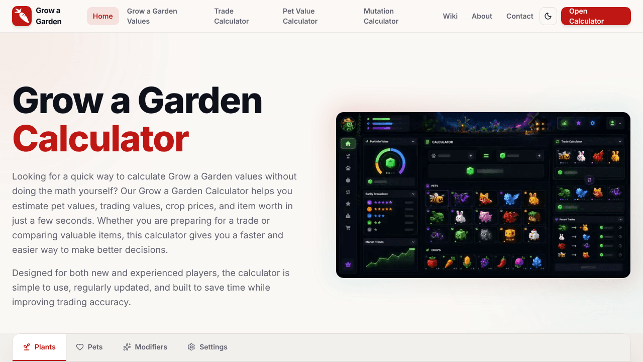 Grow a Garden Calculator website screenshot