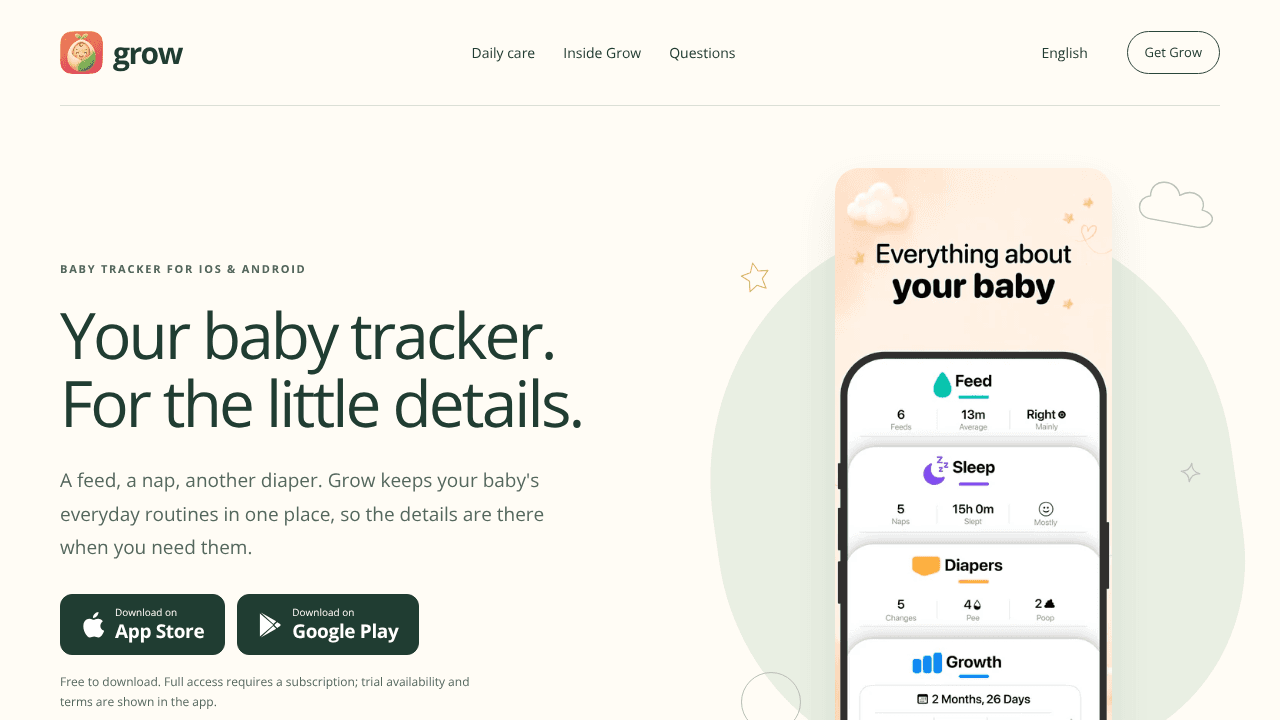 Grow — Baby Tracker website screenshot