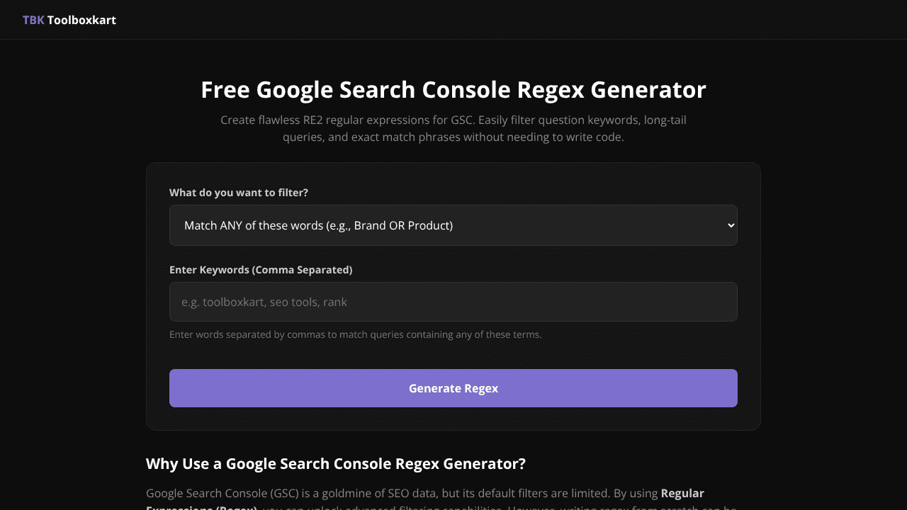 GSC Filter Builder website screenshot