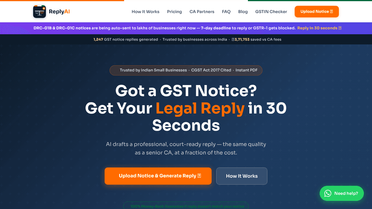 GST Reply AI website screenshot