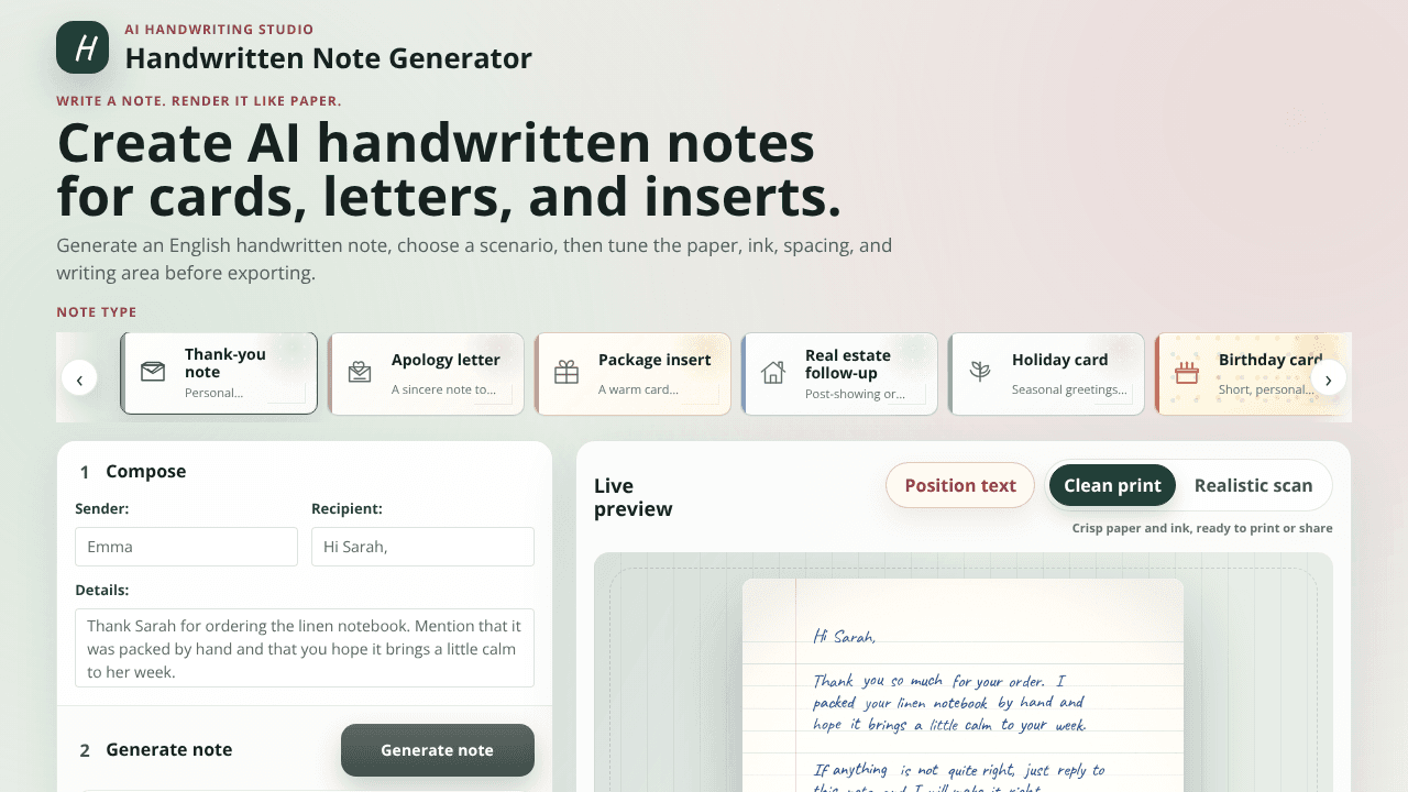 Handwritten Note Generator website screenshot