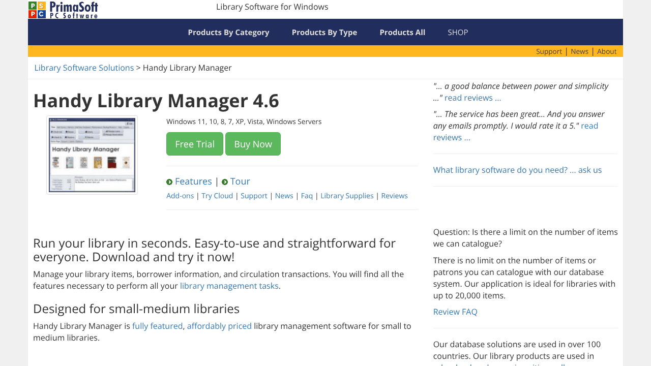 Handy Library Manager website screenshot