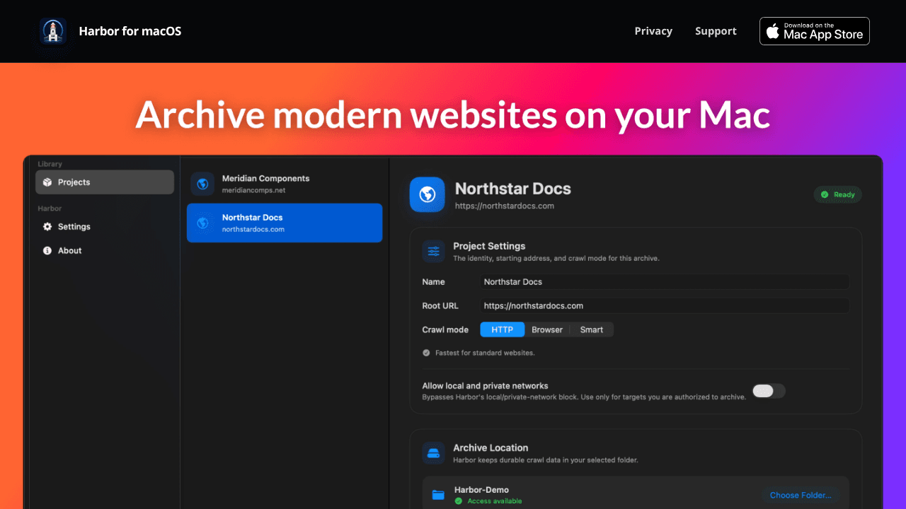 Harbor Archive for macOS website screenshot