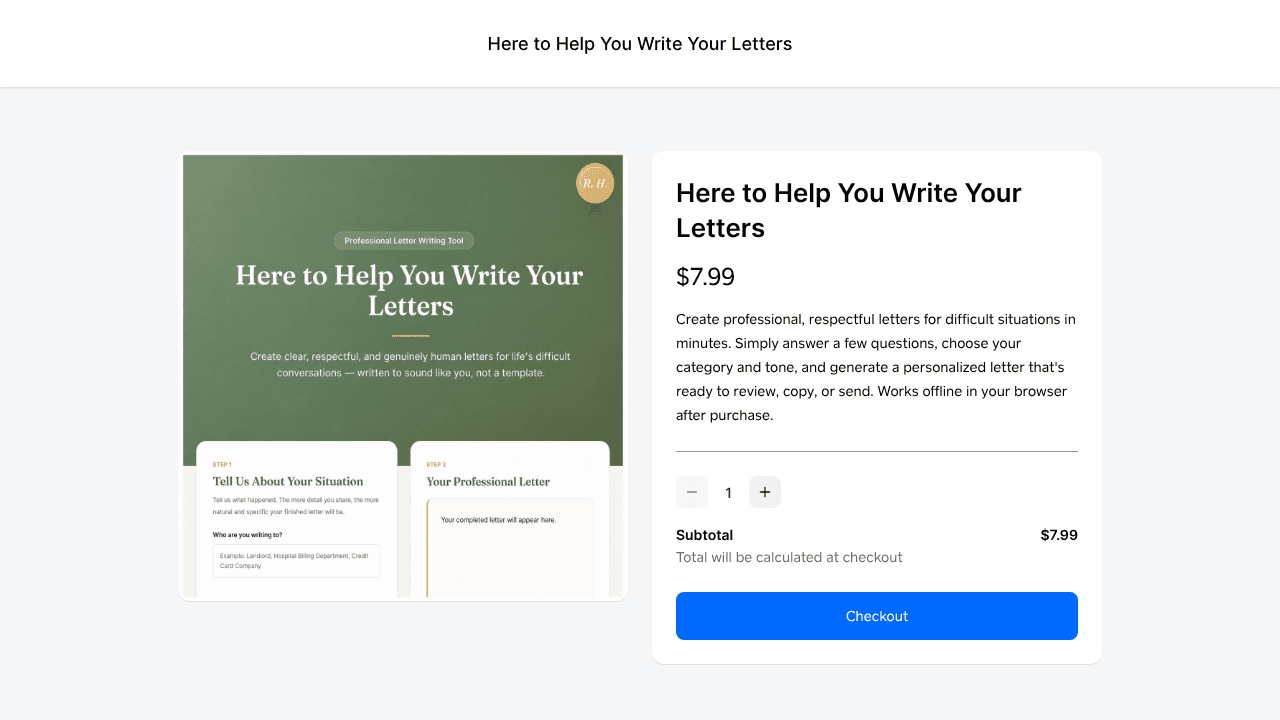 Here to Help You Write Your Letters website screenshot