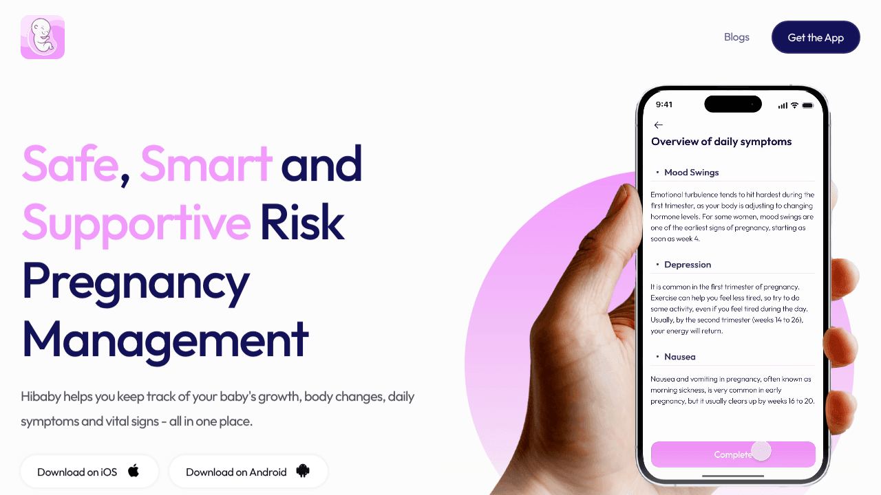 HiBaby High-Risk Pregnancy Tracker App website screenshot