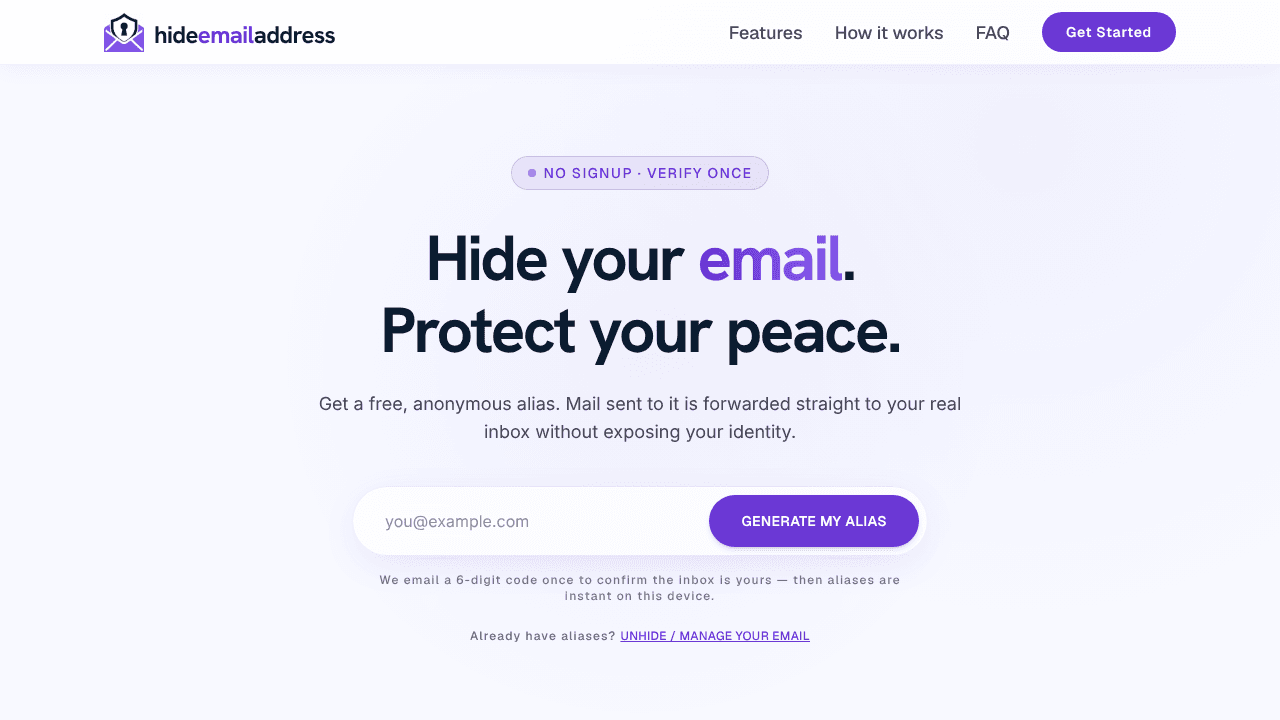 hideemailaddress website screenshot