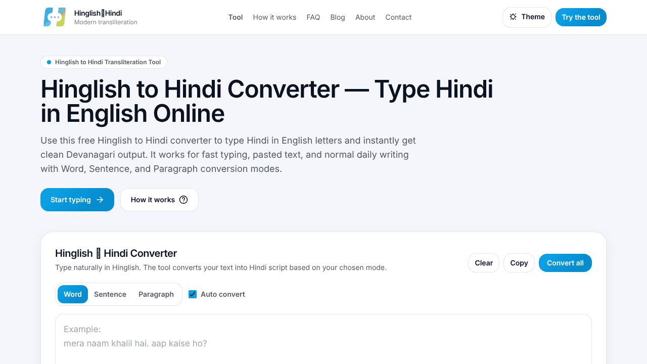 Hinglish to Hindi website screenshot