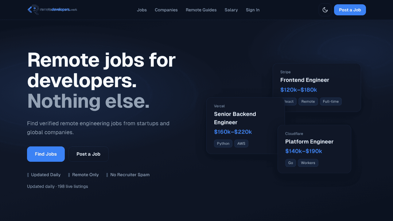 Hire Remote Developers. Find Remote Jobs website screenshot