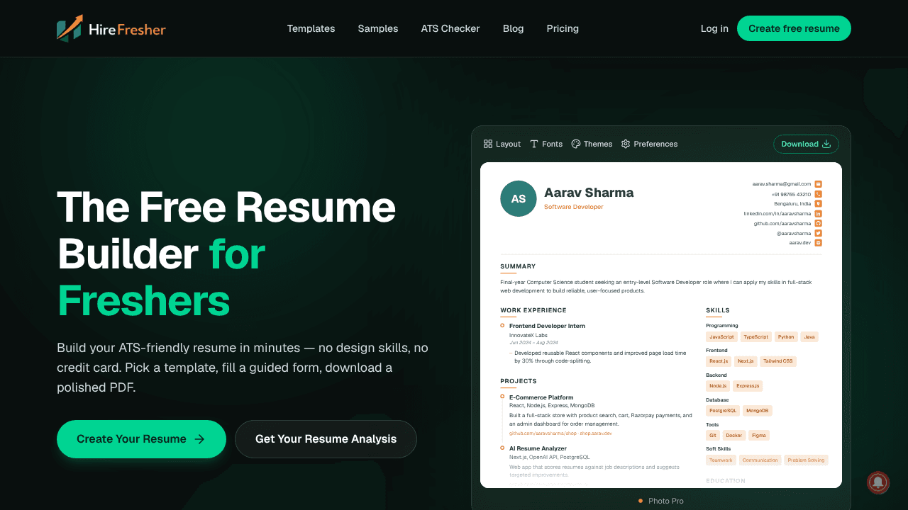 HireFresher — Free ATS website screenshot