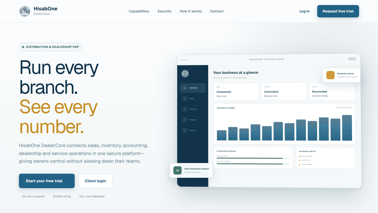HisabOne DealerCore website screenshot