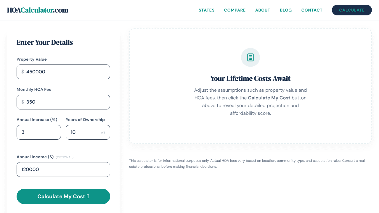 HOA Fee Calculator 2026 website screenshot