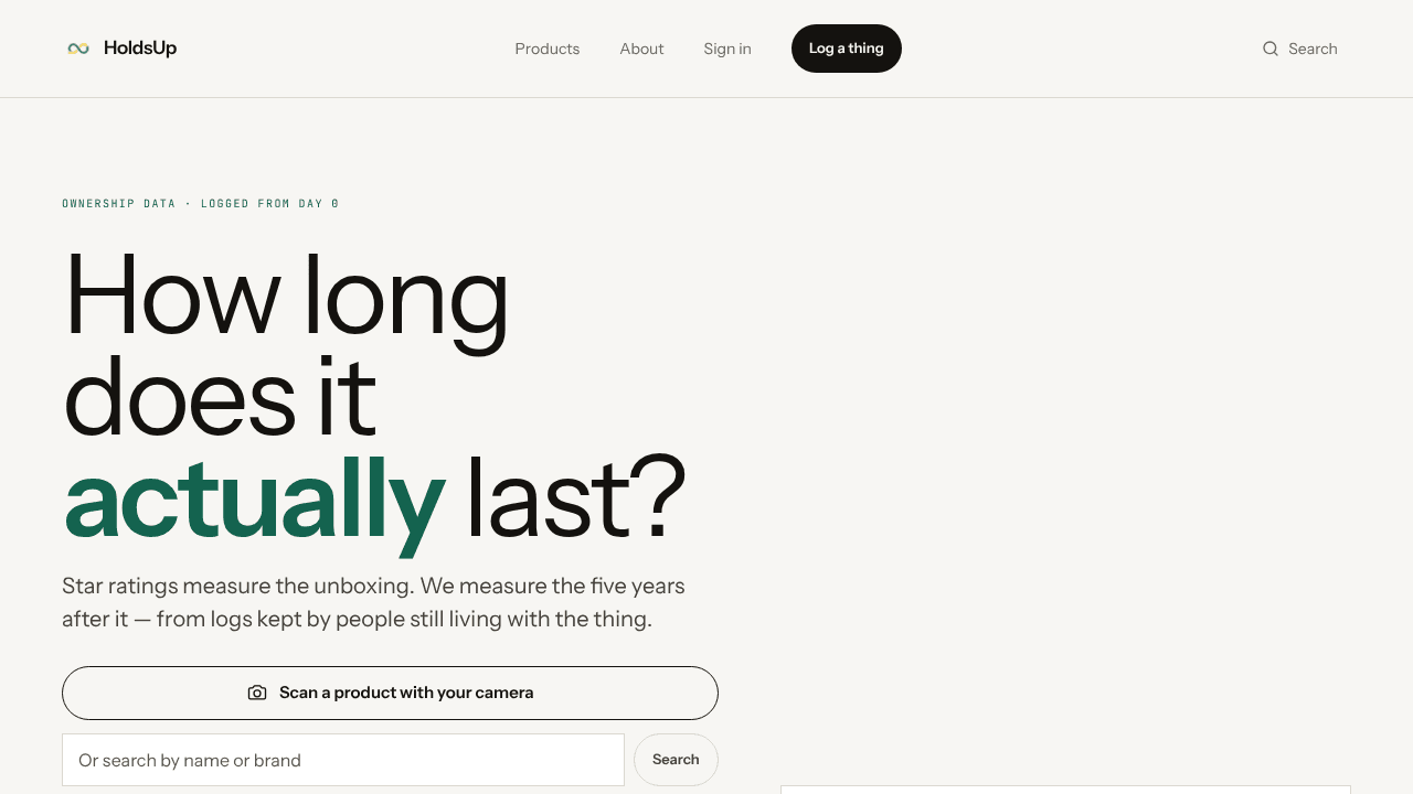 HoldsUp — how long things actually last website screenshot