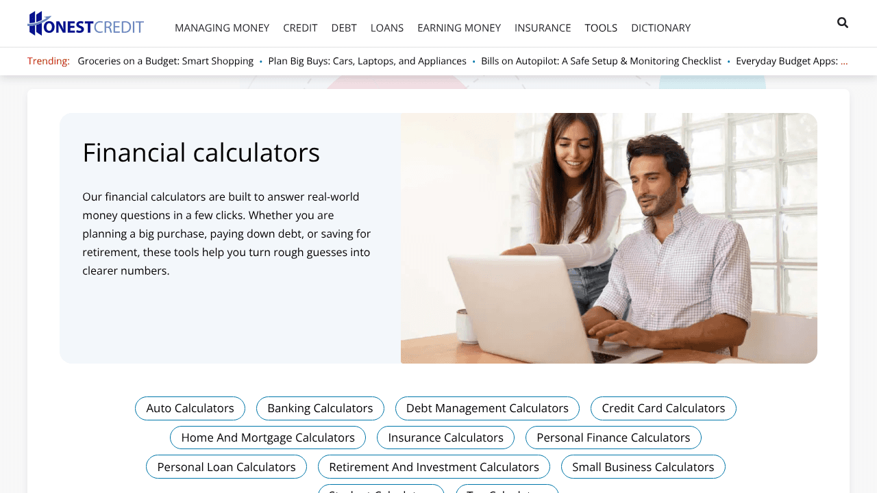HonestCredit Financial Calculators website screenshot