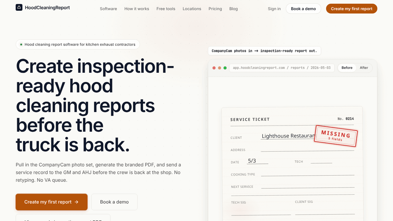 HoodCleaningReport website screenshot