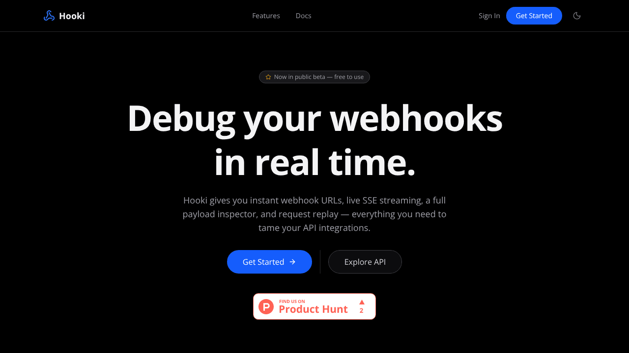 Hooki — API/Webhook Debug Console website screenshot