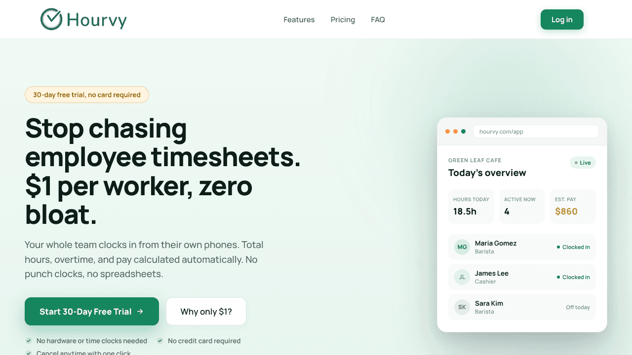 Hourvy — Payroll for Hourly Teams website screenshot