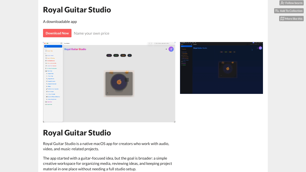 https://besrm.itch.io/royalguitar website screenshot