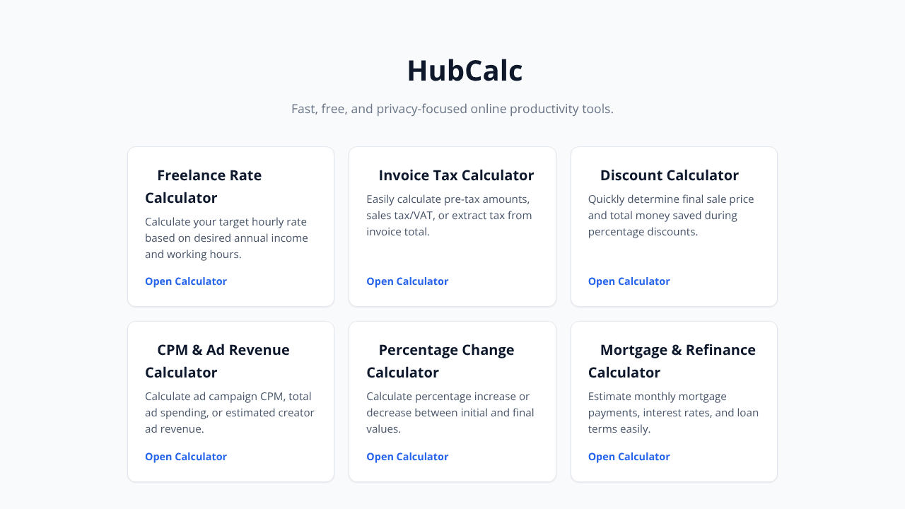 HubCalc website screenshot