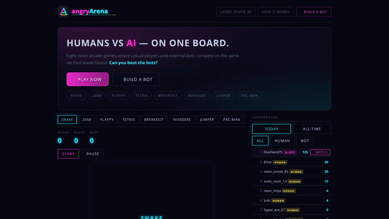 Humans and AI compete on the same arcade website screenshot