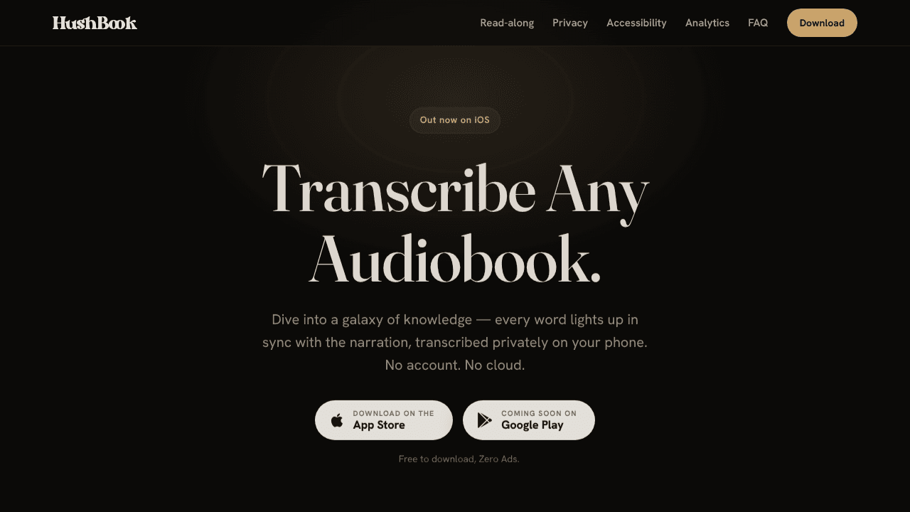 HushBook: Read while you listen website screenshot