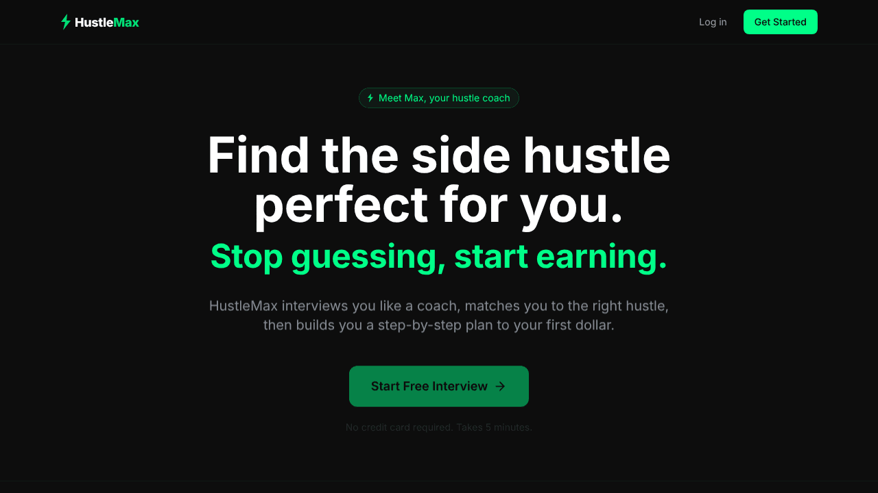 HustleMax — Your Personal Hustle Coach website screenshot