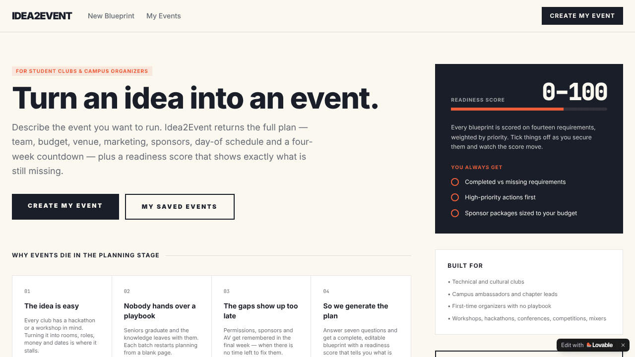 Idea2Event — Turn an idea into an event website screenshot