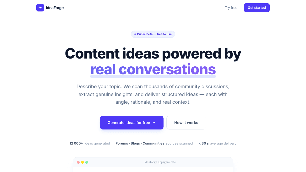 IdeaForge -Ideas from real conversations website screenshot