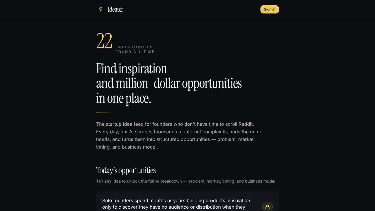Ideater — Startup idea feed website screenshot