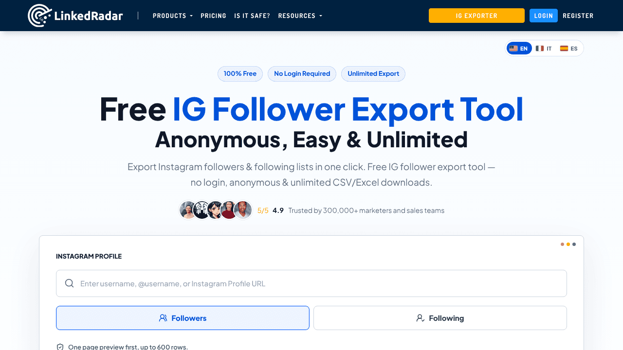 IG Follower Export Tool website screenshot