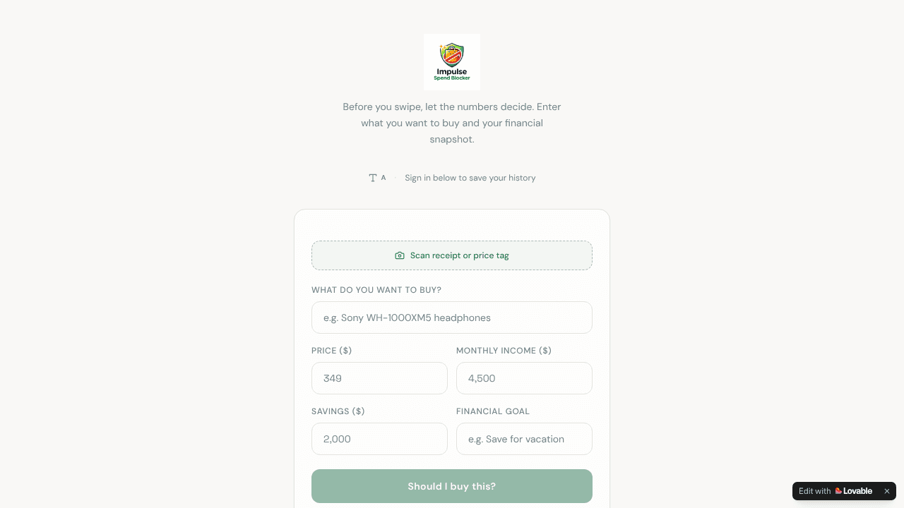 Impulse Spend Blocker  website screenshot
