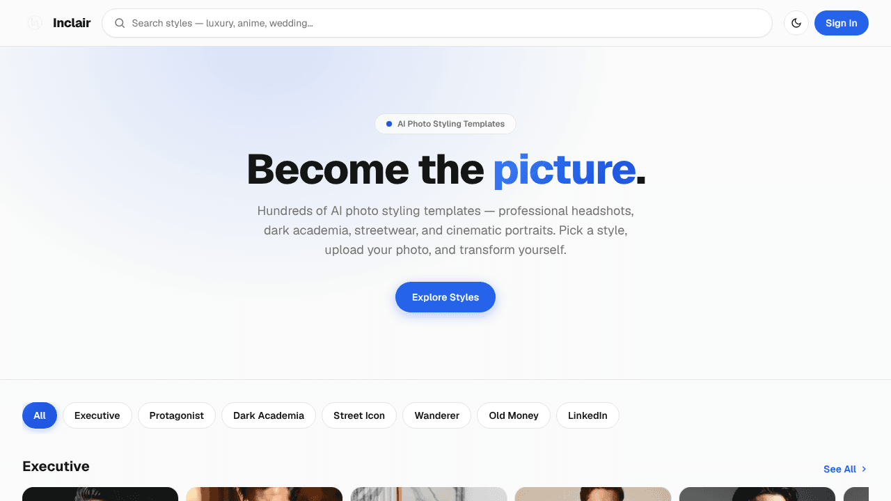 Inclair website screenshot