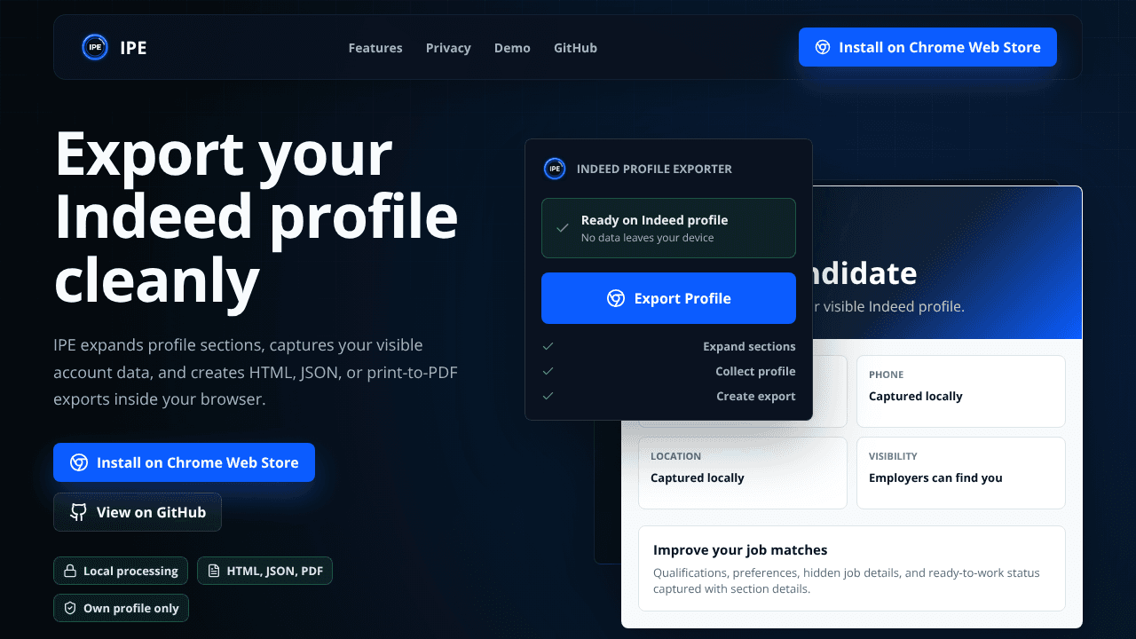 Indeed Profile Exporter website screenshot