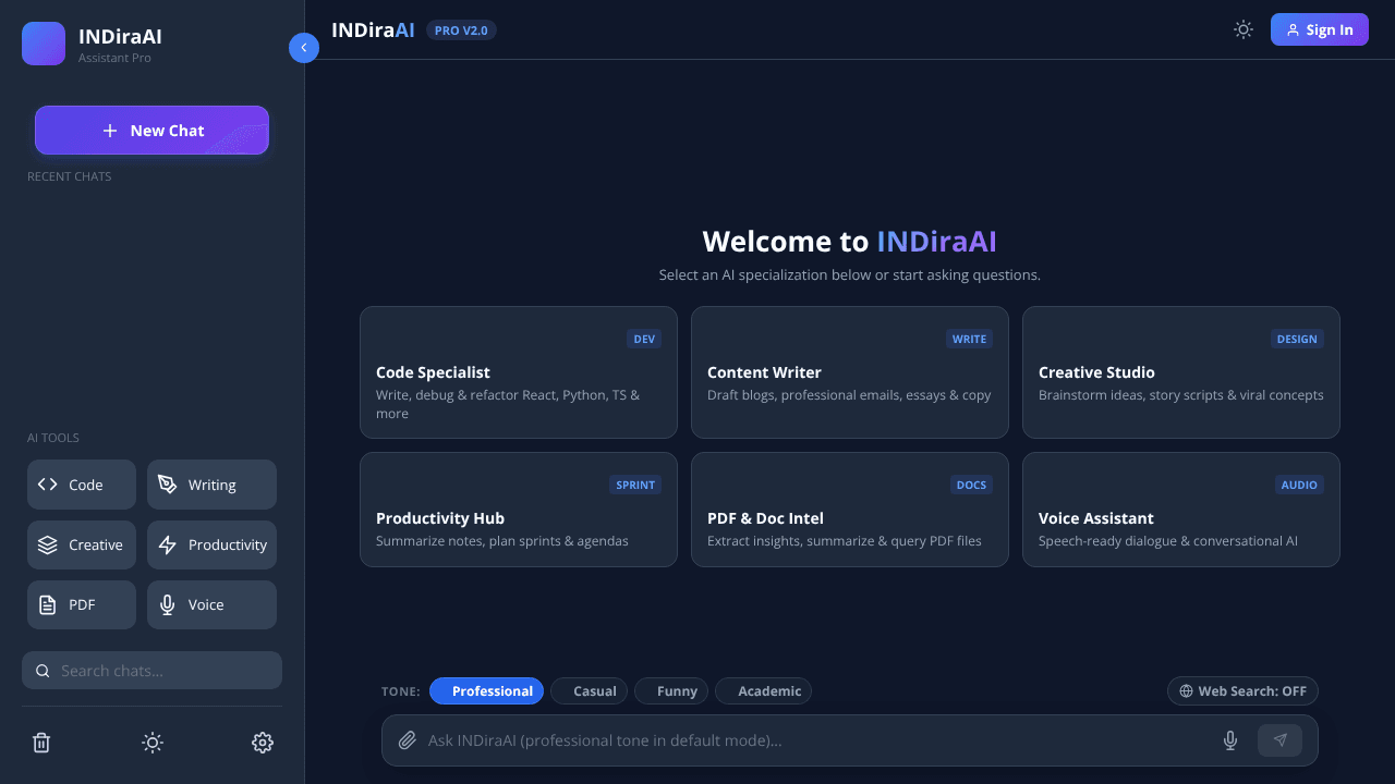 INDiraAI website screenshot