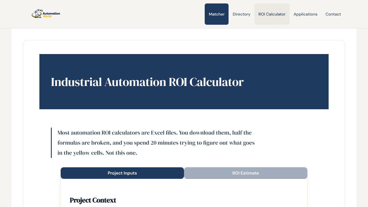 Industrial Automation ROI Calculator website screenshot