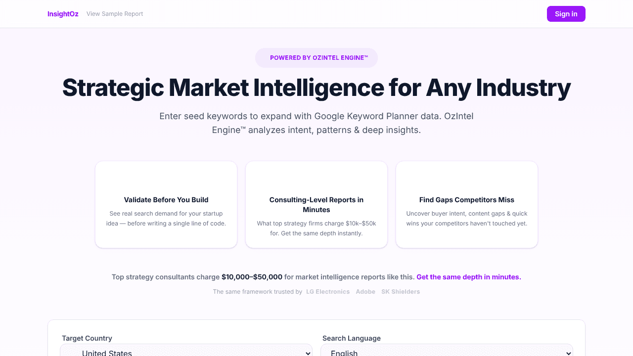InsightOz — OzIntel Engine website screenshot