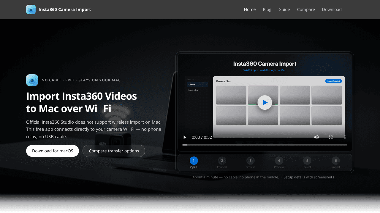 Insta360 Camera Import for Mac website screenshot