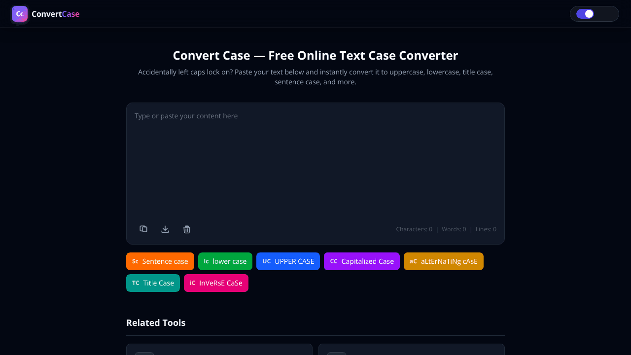 Instant case conversion for text website screenshot