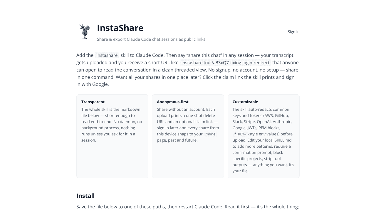 InstaShare website screenshot