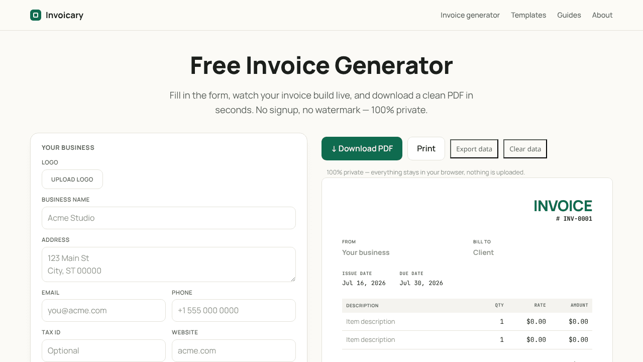 Invoicary website screenshot