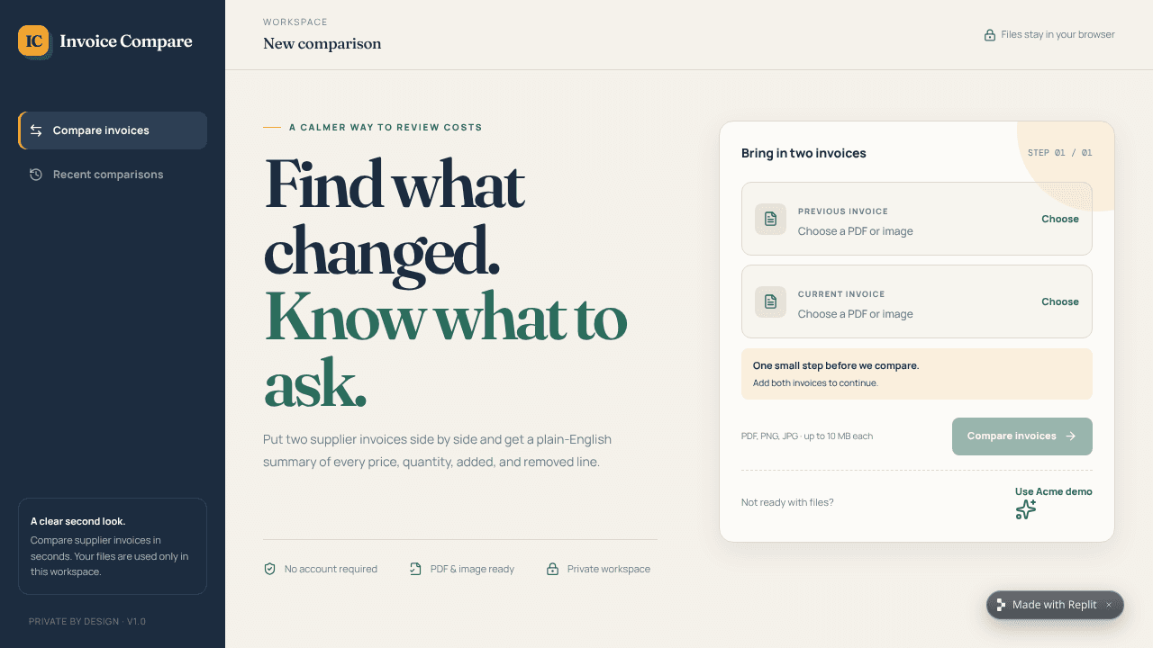 Invoice Compare website screenshot