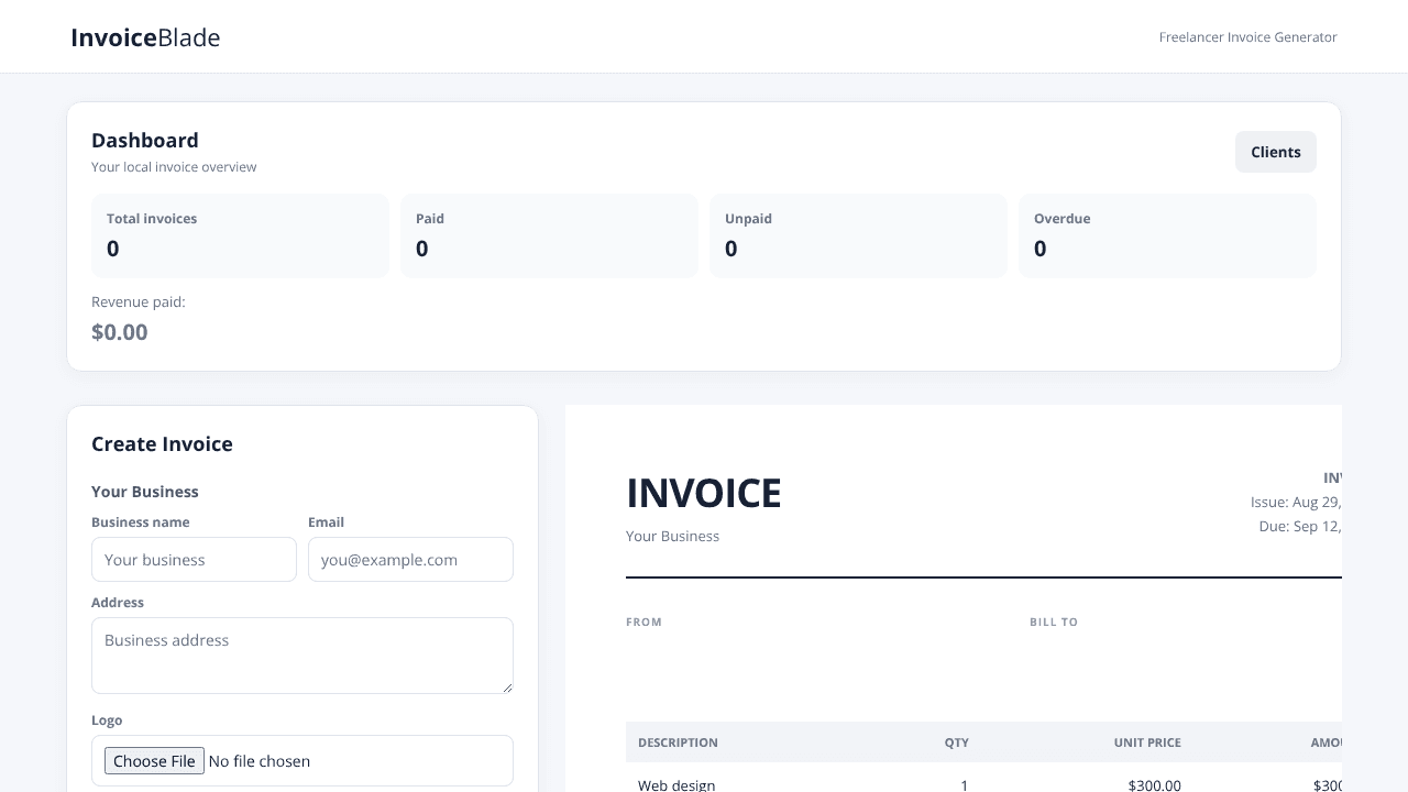 InvoiceBlade — Freelancer Invoice website screenshot