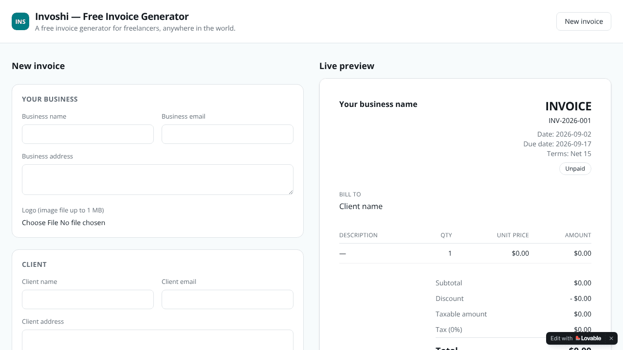Invoshi website screenshot