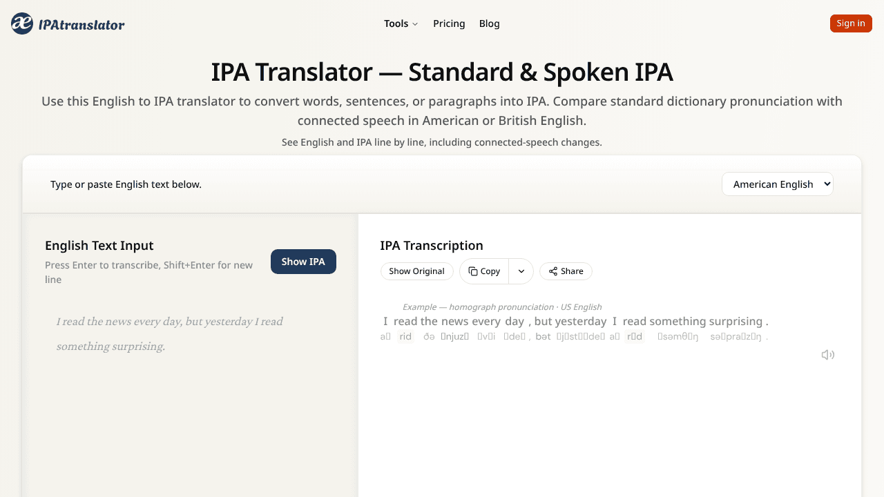 IPAtranslator website screenshot
