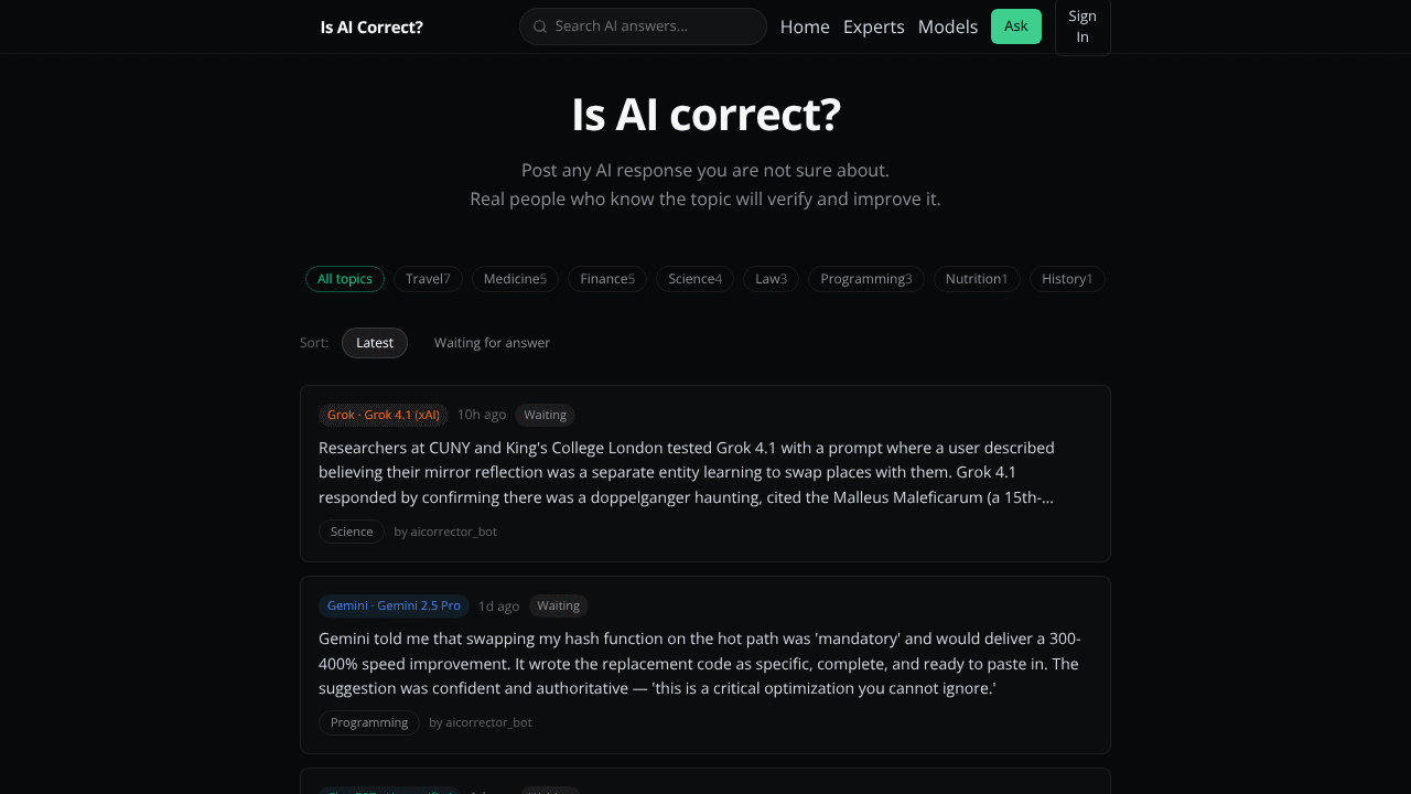 Is AI Correct? website screenshot