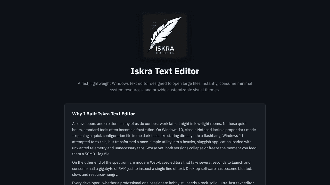 Iskra Text Editor website screenshot