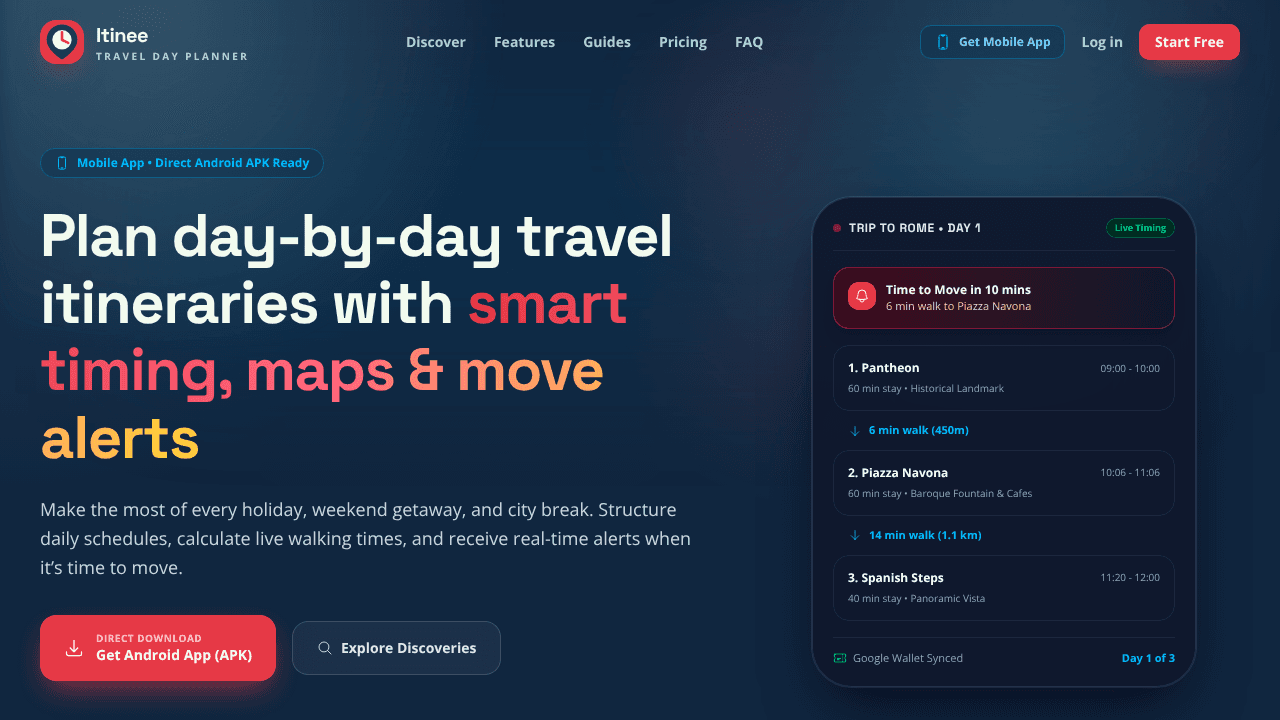 Itinee - Travel Day Planner website screenshot