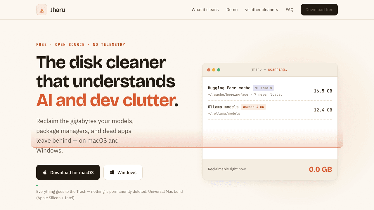 Jharu -A disk cleaner that can think. website screenshot
