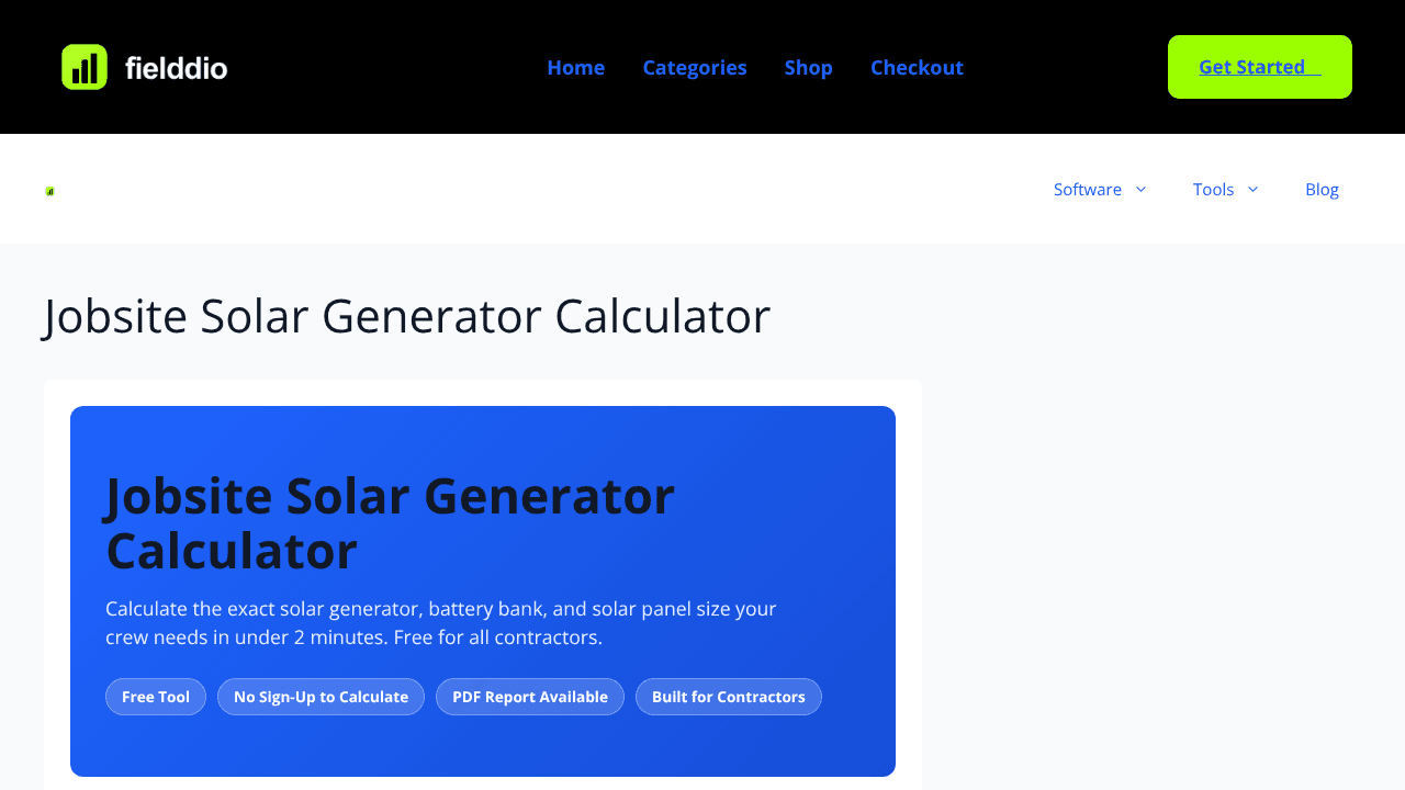 Jobsite Solar Generator Calculator website screenshot