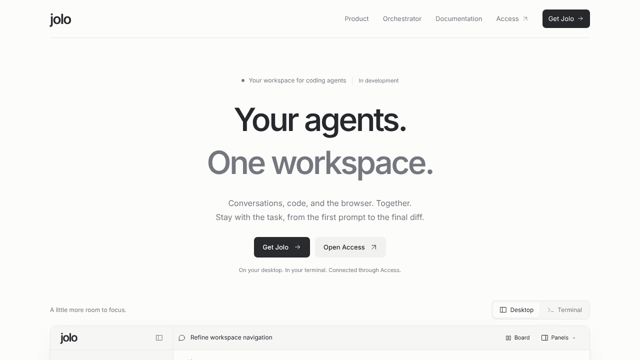 Jolo — Your agents. One workspace. website screenshot
